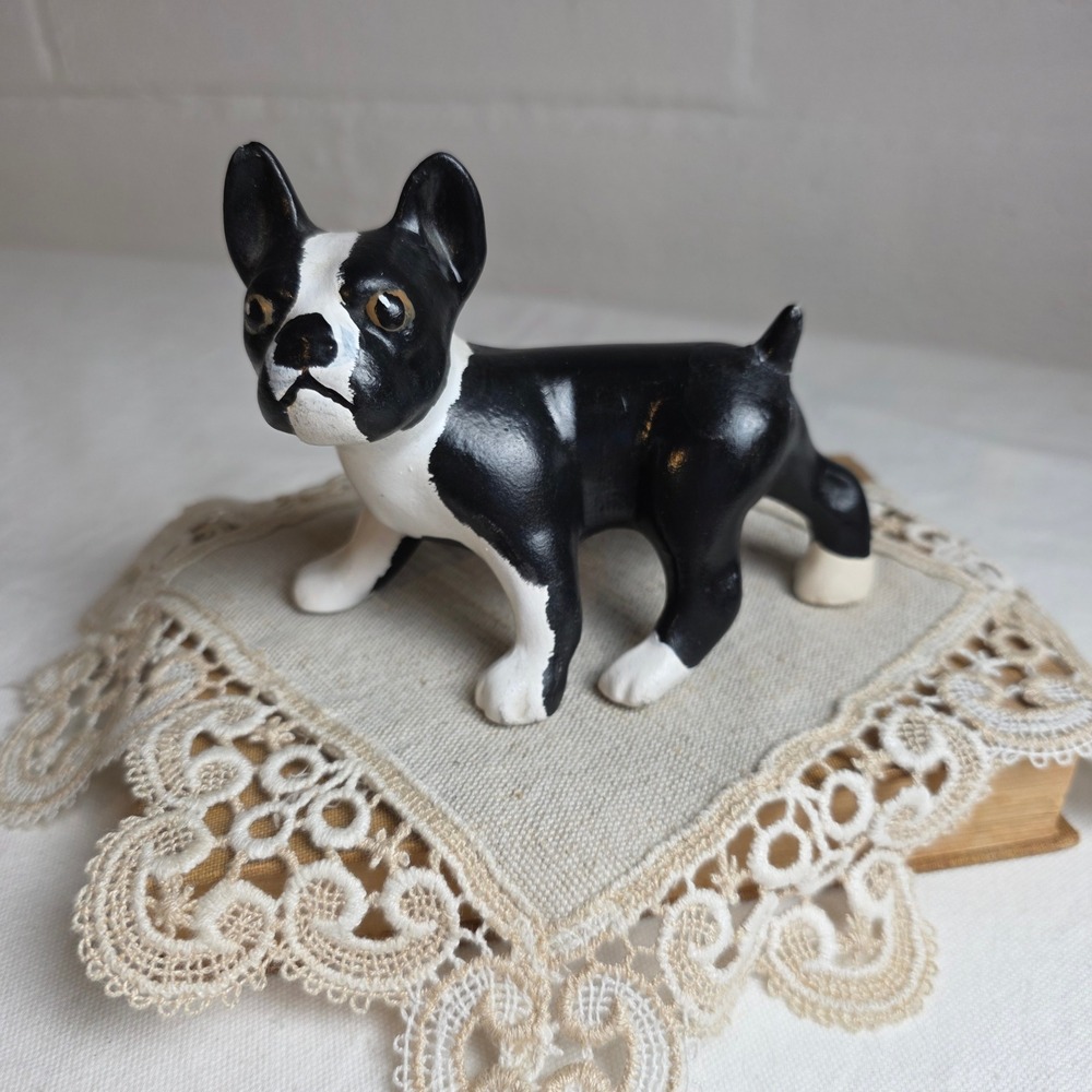 Vintage Hand Painted French Bulldog Figurine Ceramic Black White Tuxedo